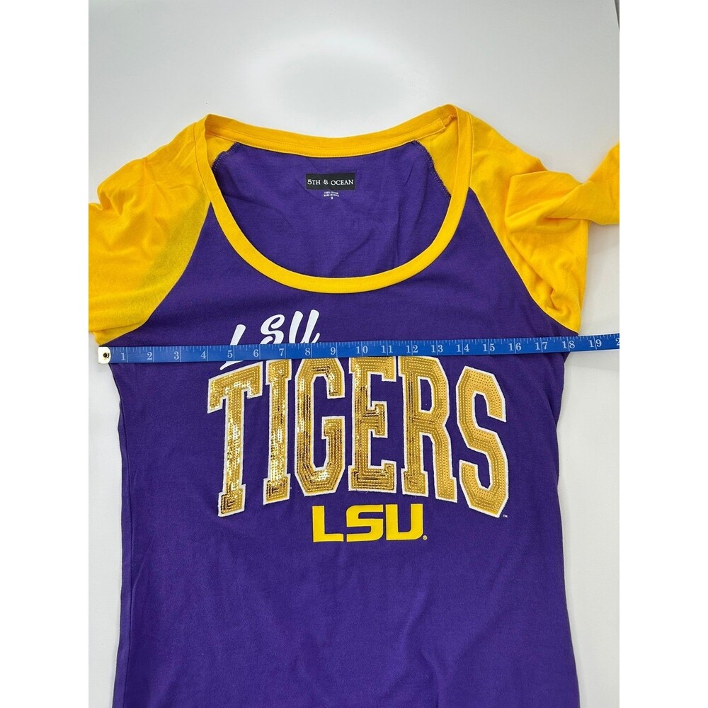 LSU Tigers Women’s Top M Purple Gold Sequin Raglan 3/4 Sleeve Shirt Football - Picture 8 of 10